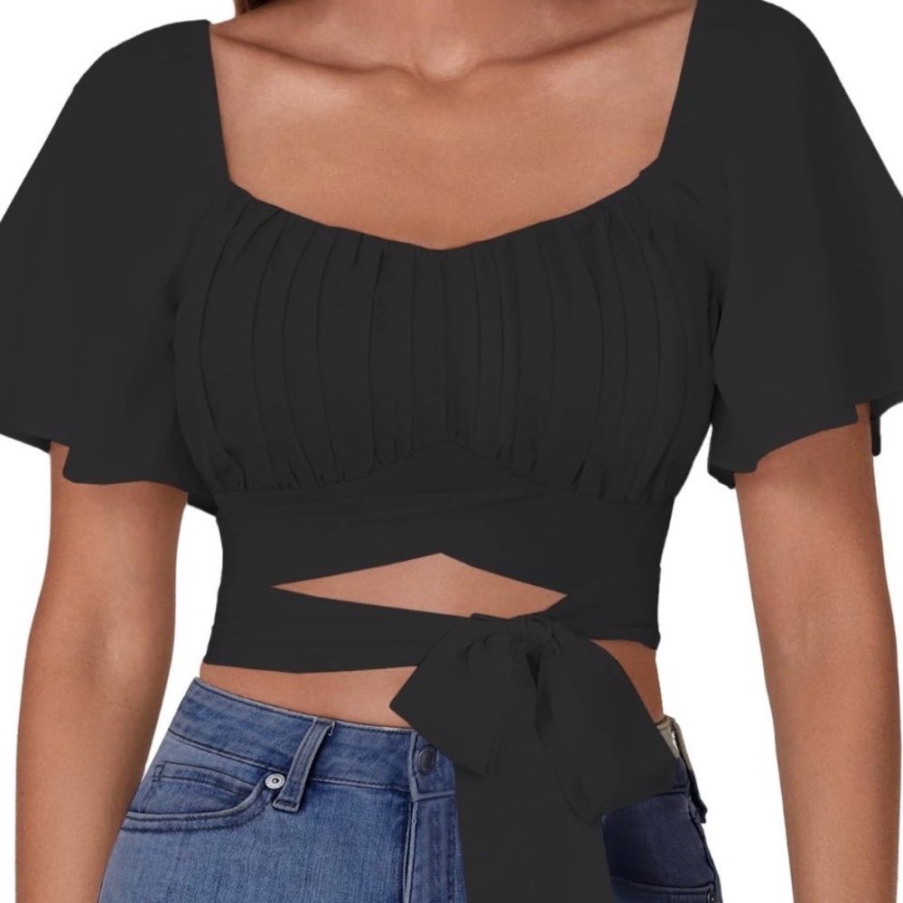 Women's Ruched Wrap Ruffle Flare Square Neck Short Sleeve Self Tie Crop Top Blou